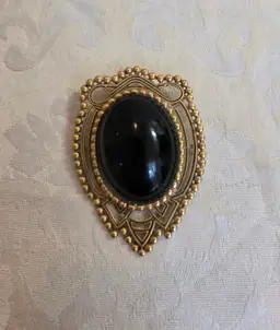 Vintage Victorian Style Gold Tone Shield Shape with Black Center Brooch