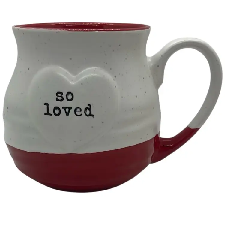 #01 - Belle Madison Ceramic Glazed So Loved Red And Ivory Faint Splatter Mug 4” 16 oz