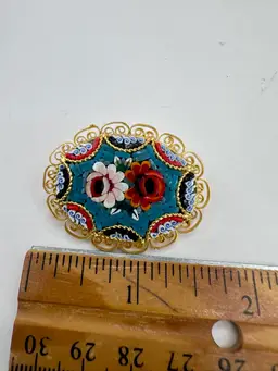 Micro Mosaic Gold Tone Pin Brooch Oval 1.5”