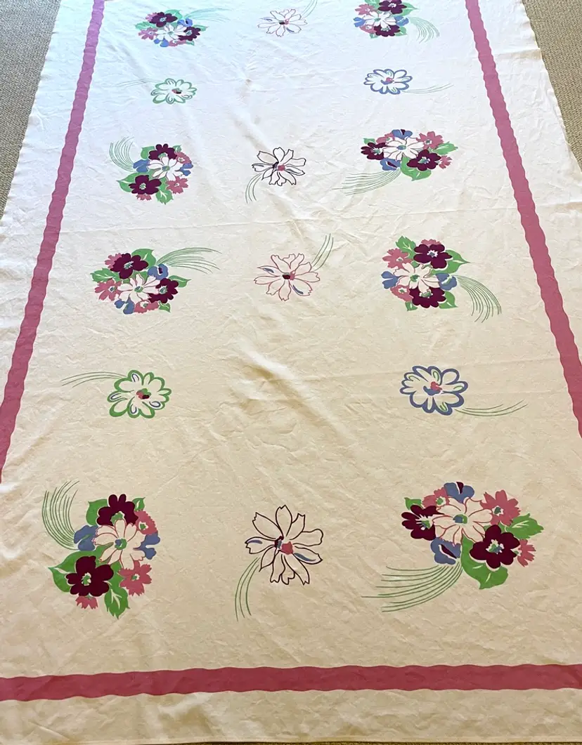 Wilendur Rectangle Floral Red Border Hand Printed Table Cloth 93"x60" VINTAGE