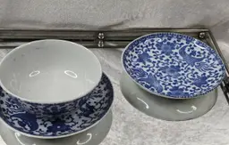 Vintage Blue White Flying Phoenix Bird  Soup Rice Bowl Tea Cup Saucer Plate 3 Pc Made in Japan