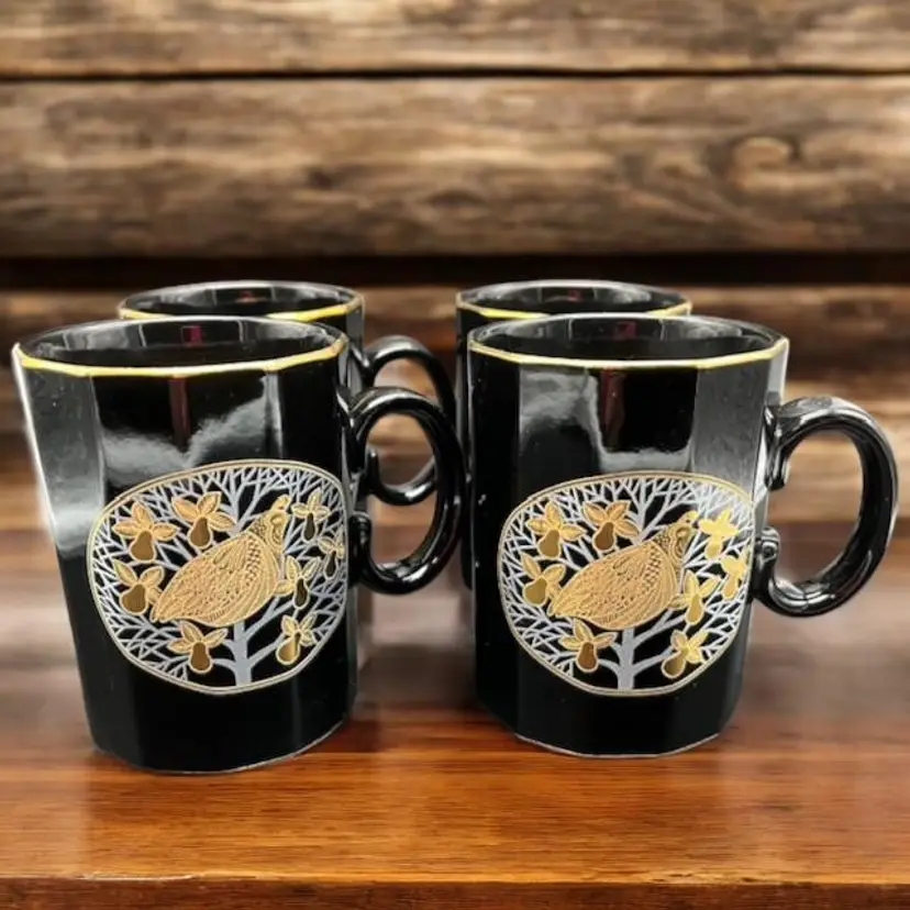 Set of 4 OTAGIRI Black Mug Quail Partridge Gold Rim ~ Made in Japan VGT