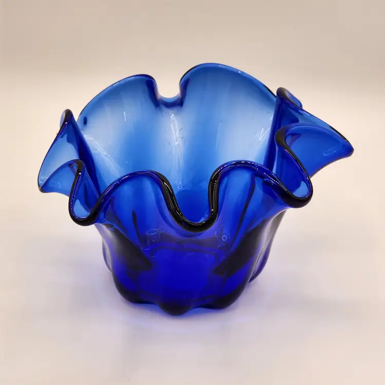 Hand Blown Cobalt Blue Glass Ruffle Top Vase