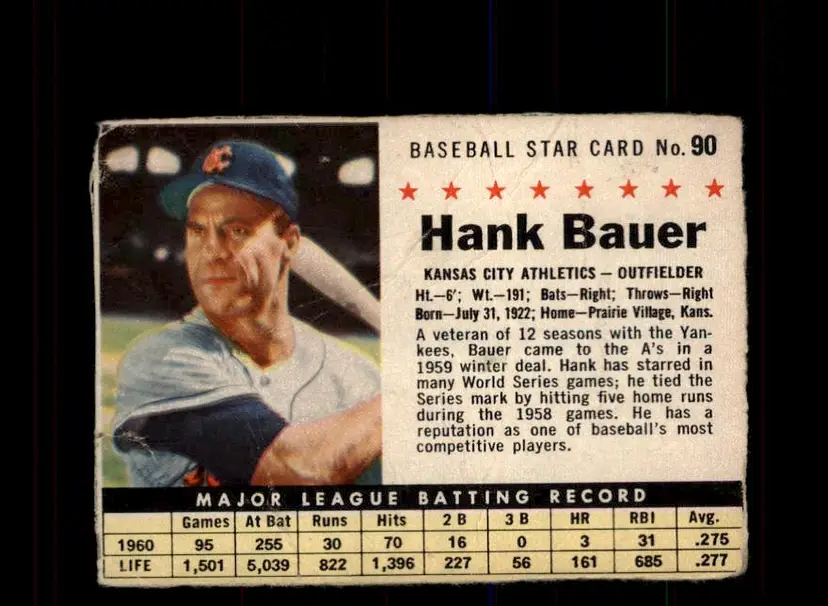 1961 Post Cereal (F278-33) #90 Hank Bauer - (pk3) - Kansas City Athletics