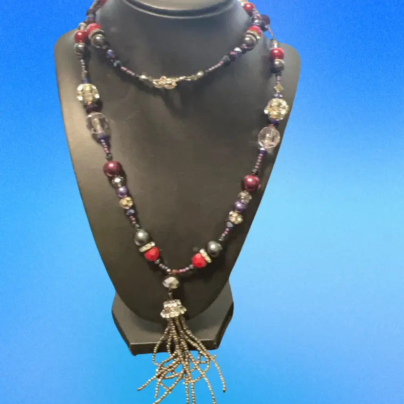 Artisan Created 28” Sparkling Glass, Rhinestone And Seed Bead Necklace With A 2.5” Seed Bead Pendant And Silver-tone Toggle Clasp Great For 4th Of July Party