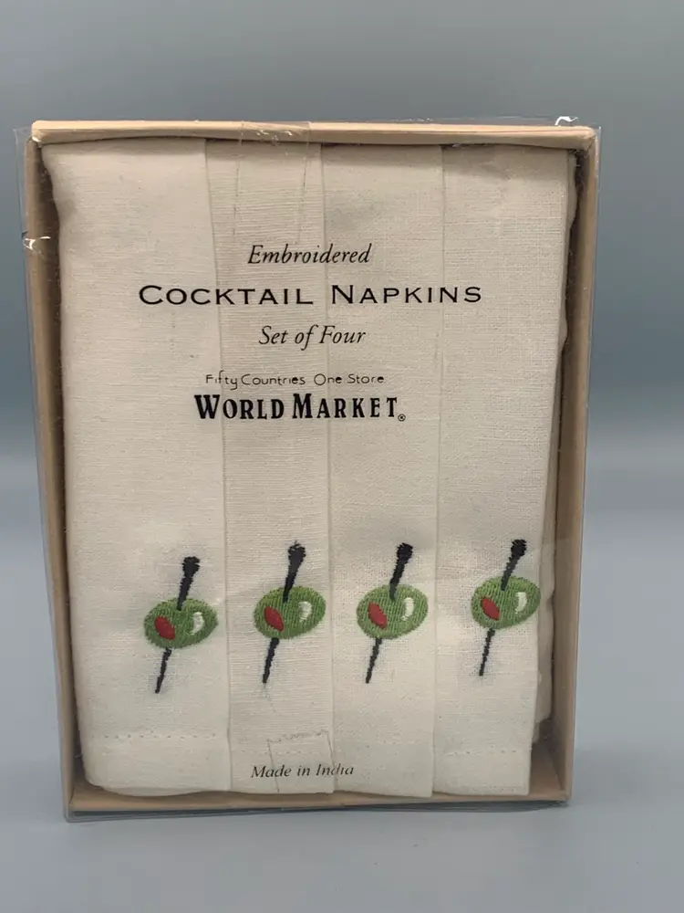 World Market embroidered cocktail, napkins. Olives. New set of four.