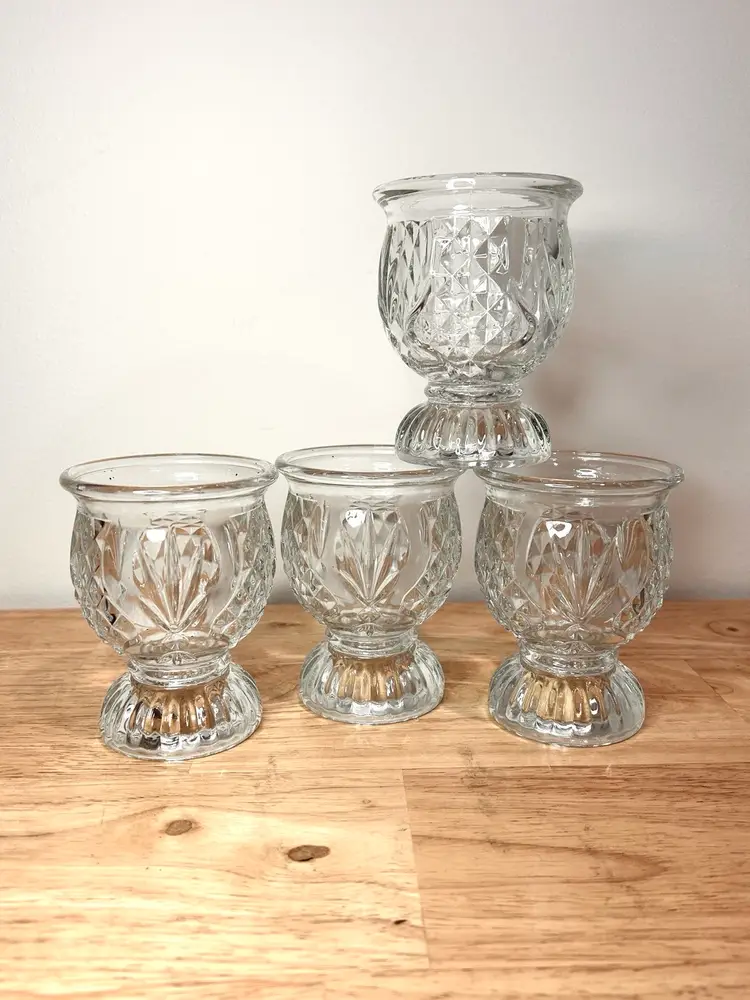 Vtg Avon 4 Glass Candleholders Reversible Taper- Tea Light-Votive Pedestal 1979