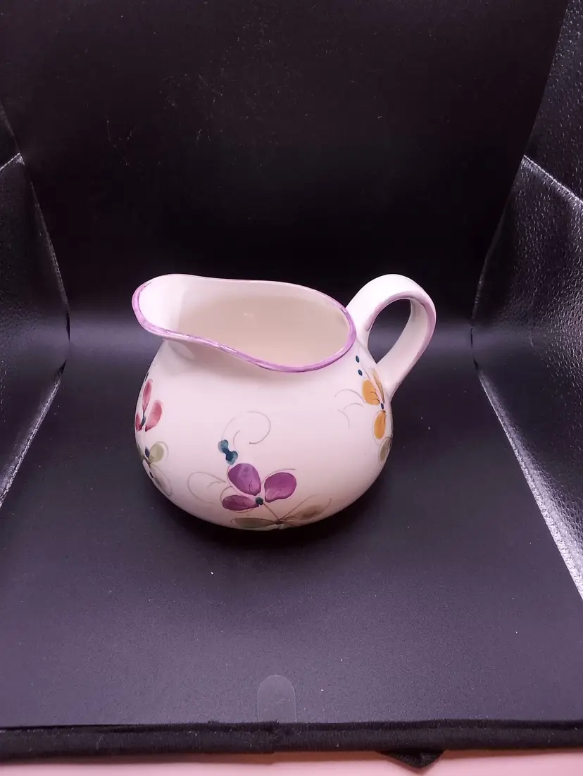 Hand Painted In Portugal Sqwatty Pitcher/Gravy Boat Florals
