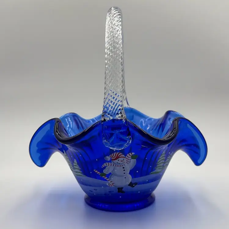Fenton Glass 95th Anniversary Hand Painted Jolly Snowman Cobalt Blue Basket Limited Edition #2063
