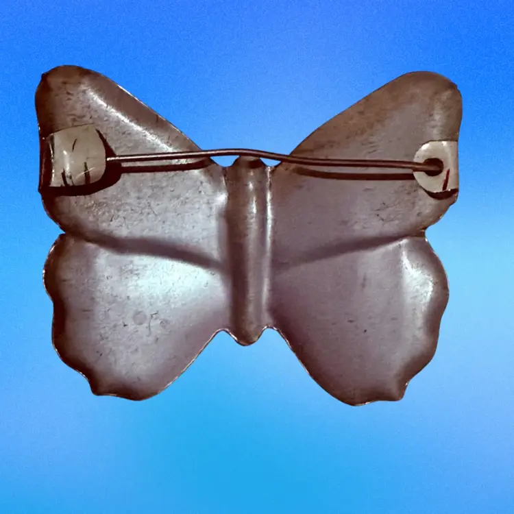 Vintage Multicolor Butterfly Tin Toy Silvertone Brooch (Japan)