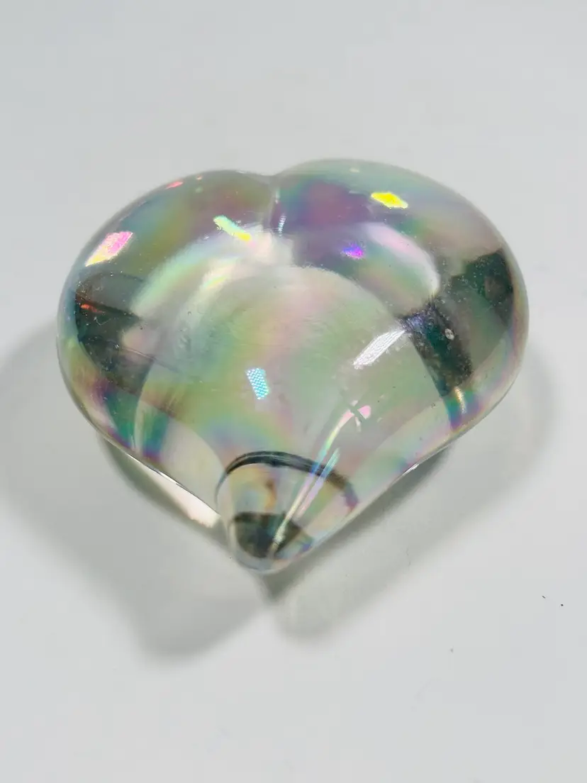 Vintage Iridescent Clear Heart Shaped Paperweight Hand Blown Art Glass 
