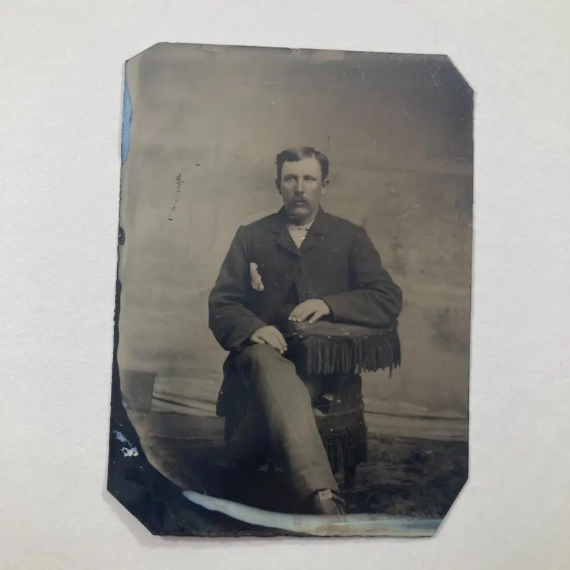 Tintype Photo Sitting Man with Moustache in Frilled Chair Portrait Found Photo