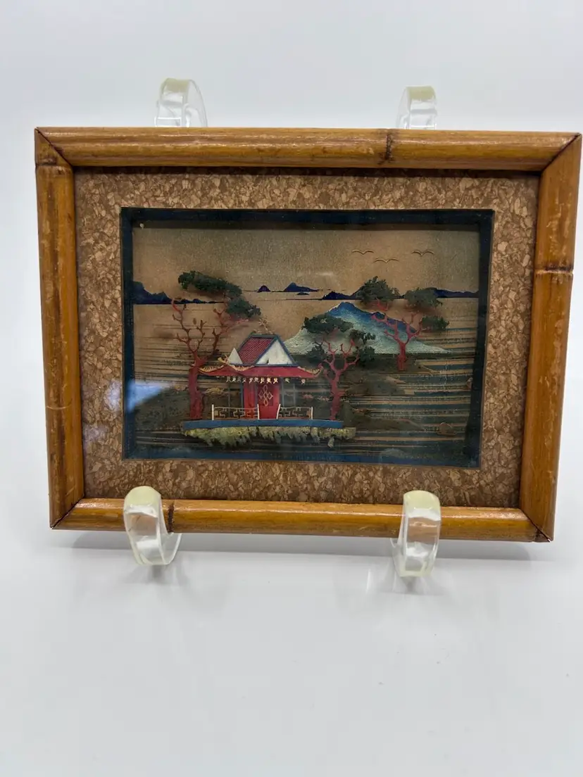 Vintage Framed Asian Colorful Cork Diorama Shadow Box Wall Art 6.75”