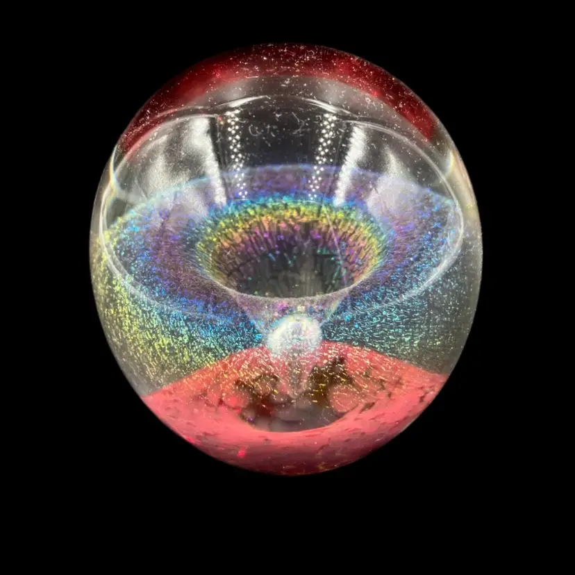 06 - Vintage Eickholt Iridescent Veil Mist Fountain Paperweight Red Ground 1983 Signed