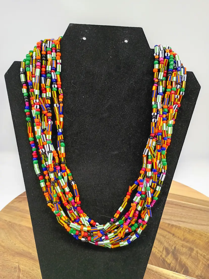 Multistrand Multicolored Glass Bead Necklace 18-20 inches Adjustable Tribal Boho