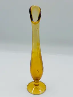 Vintage Amber Swung Stretch Glass Bud Vase 9" Round Base MCM Retro