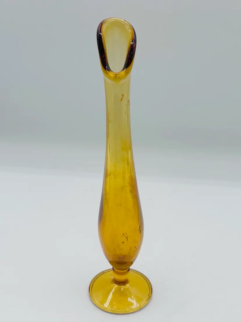 Vintage Amber Swung Stretch Glass Bud Vase 9" Round Base MCM Retro