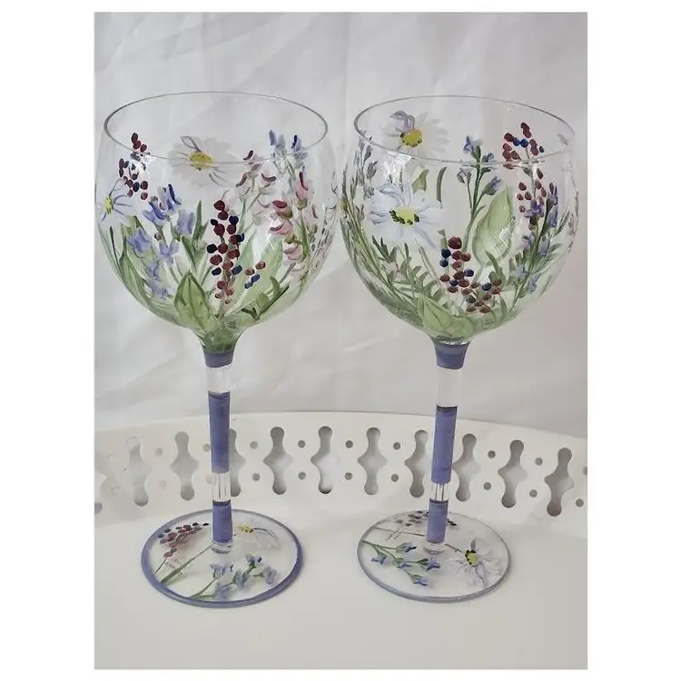 Vintage Hand-Painted Floral Wine Glass Set