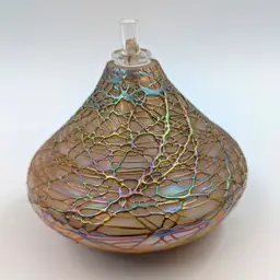 Signed Stuart Abelman Art Glass Threaded Iridescent Vase Oil Lamp