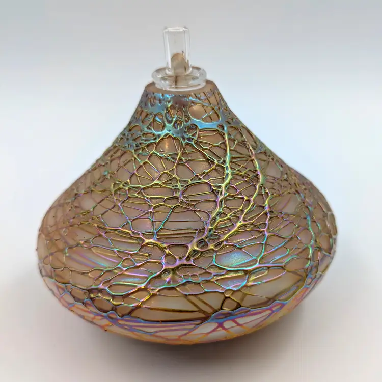Signed Stuart Abelman Art Glass Threaded Iridescent Vase Oil Lamp