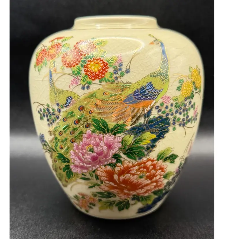 Vintage Japanese Crackled Glaze Porcelain Satsuma Golden Peacock Vase
