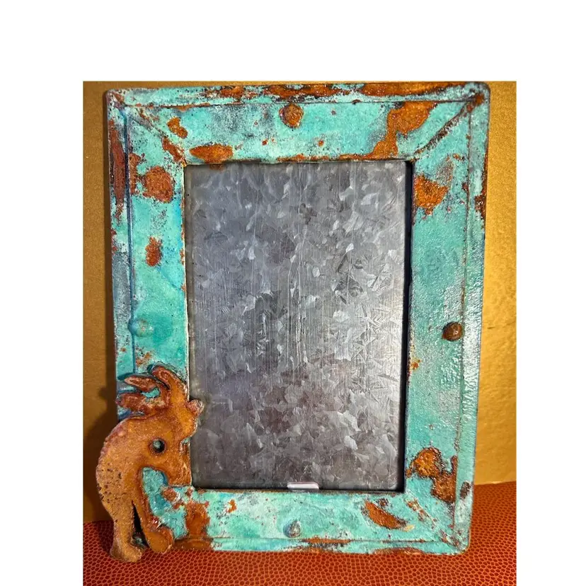 Rustic Primitive Picture Frame Hand Made Heavy Metal Frame With Unique Back Closure Signed Kela 9x7 Outside For 5x7 Inside