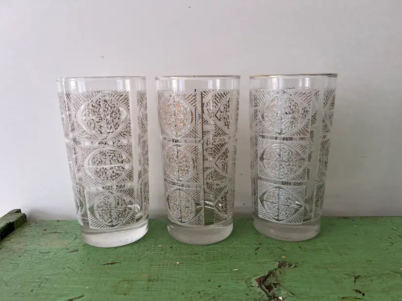 Libbey Geometric White/Gold Highballs , Three Libbey Rock Sharpe Bar Glasses, Gold And White Embossed Highballs , Vintage Retro Barware