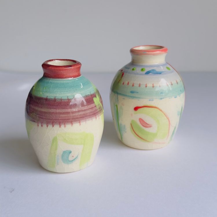 #1211 Set Of 2, Beautiful, Hand Made, Signed, Southwest Pottery Mini Vases