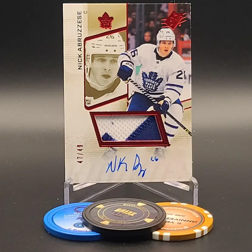 Nick Abruzzese Rookie Patch Auto 2022-23 Upper Deck SPx Base Rookie Auto Patch Parallel Numbered 47/49 Card #112 - Toronto Maple Leafs Hockey Card