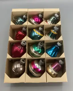 12 Vintage 2.5" Shiny Brite Glass Multicolored Ornaments - Geometric