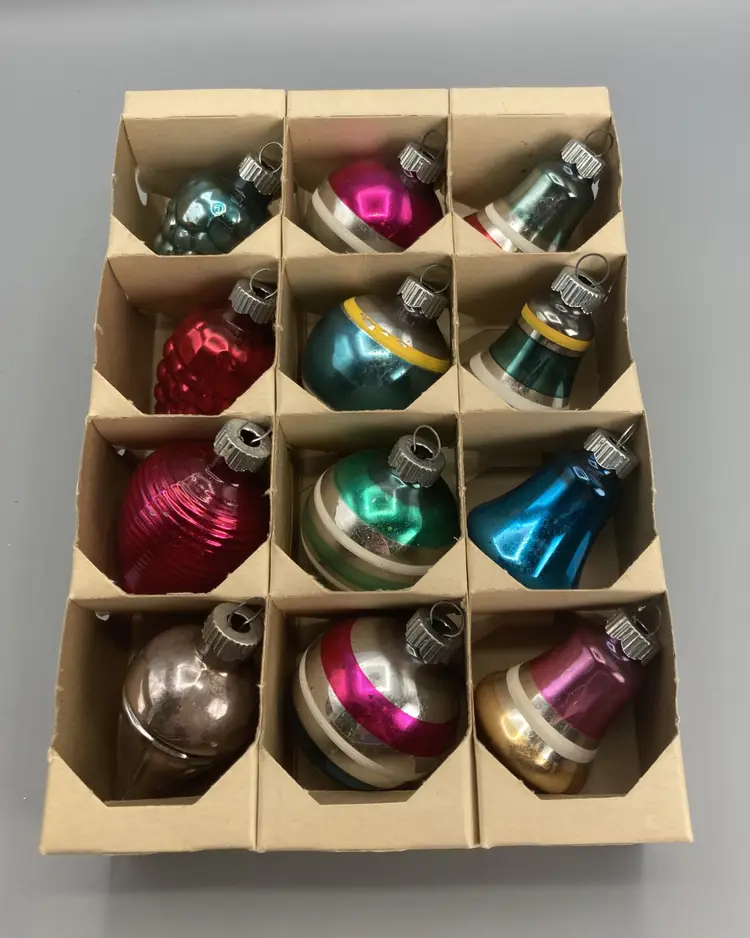 12 Vintage 2.5" Shiny Brite Glass Multicolored Ornaments - Geometric