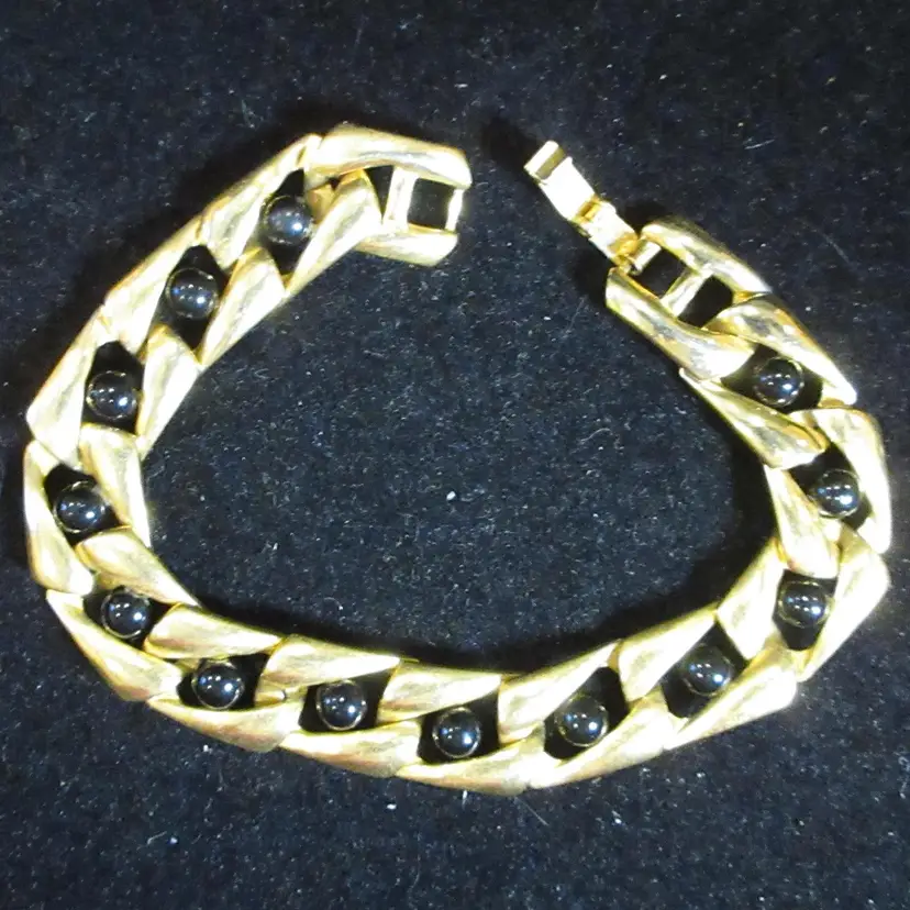 Vintage Gold Tone Metal Bracelet with Black Acrylic Beads - 7 Inches Long, Fold Over Clasp