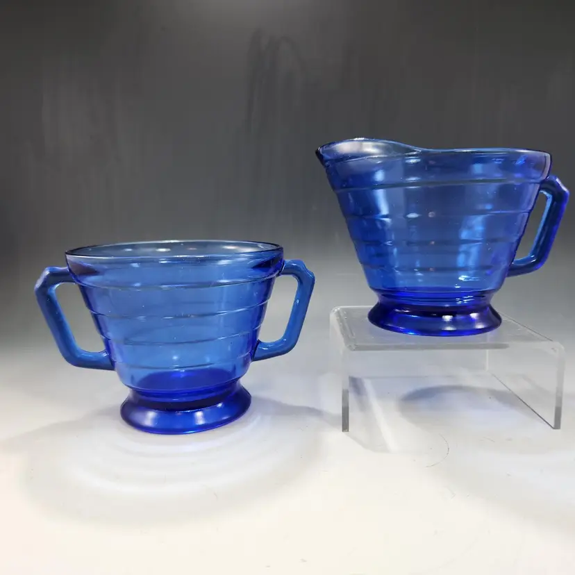 Moderntone Creamer & Open Sugar Set 2 pc Cobalt Blue Art Deco Rings Hazel Atlas Glass 1930s - USA