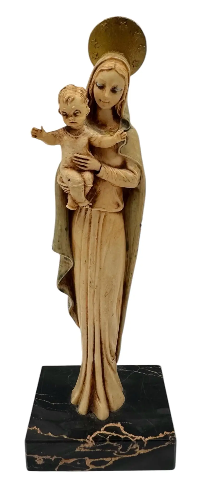 Vintage Resin Holy Mother Virgin Mary Madonna & Child Figurine Marble Base 6.5”