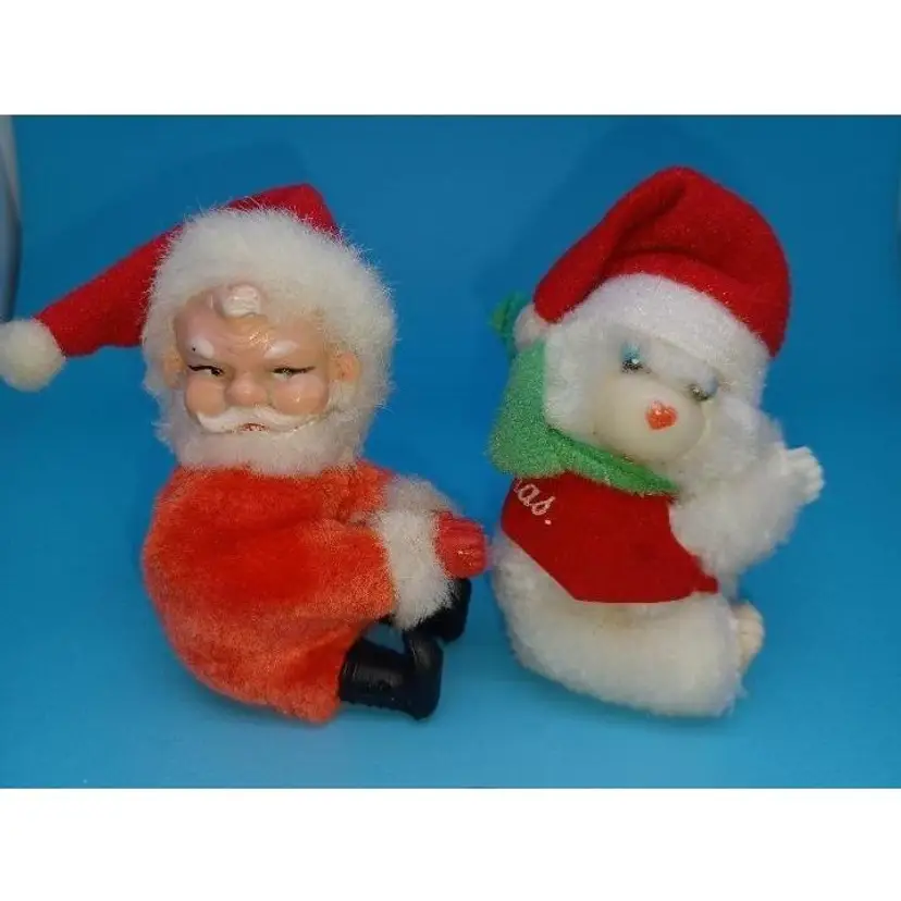 Vintage santa claus and polar bear tree hugger clip plush celluloid