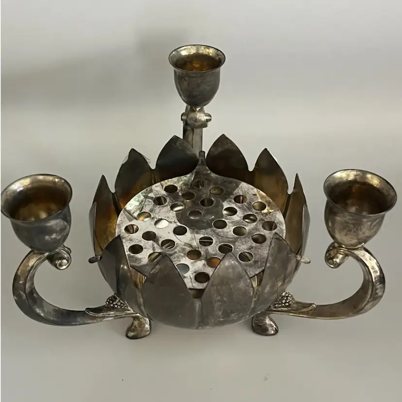 International Silver Company- Silverplate Centerpiece-Lotus Candelabra with Original Floral Frog- 5” High, 7.25 W