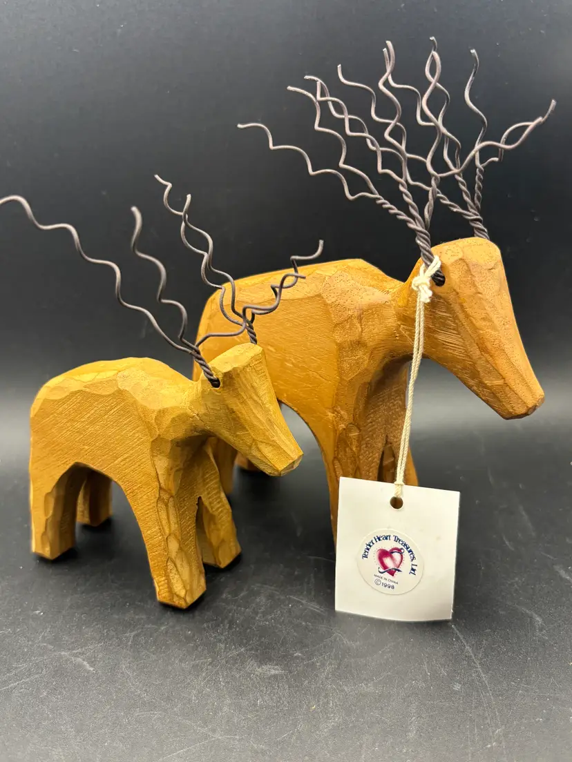 Pair of Handcarved deer, reindeer, elk, wood with wire antlers, original tag