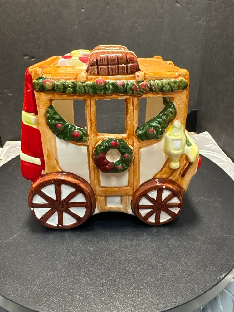 Vintage Hand Painted Ceramic Christmas Stagecoach Candle Holder