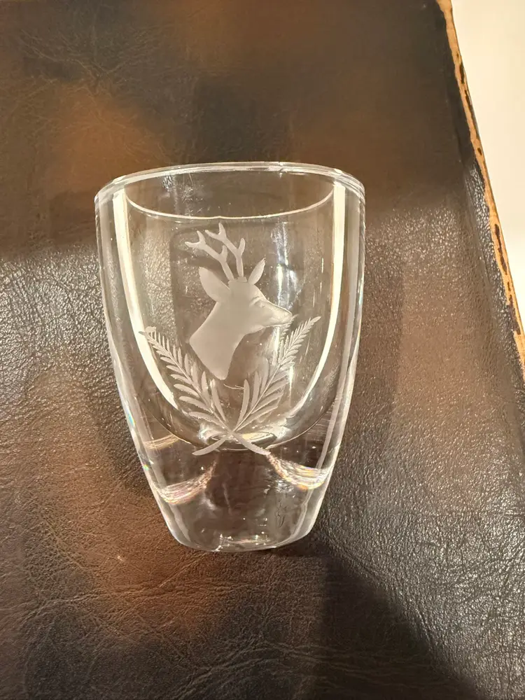 Scandinavian Art Glass Vase With Etched Deer 3”