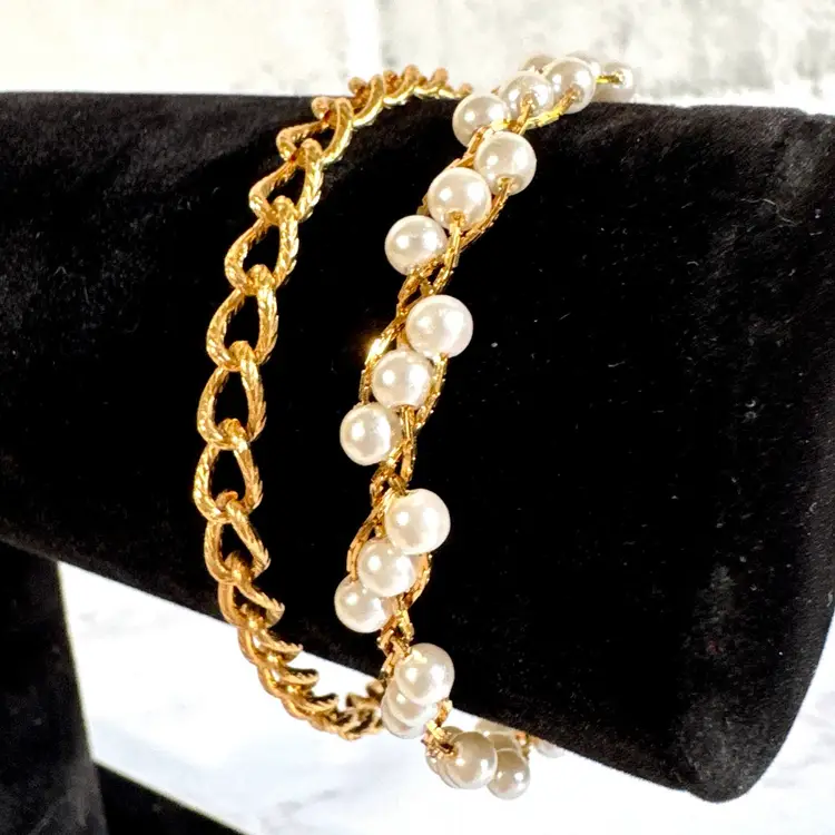 Pair of Vintage Gold Tone Bracelets - Napier Faux Pearl & Simple Charm Chain
