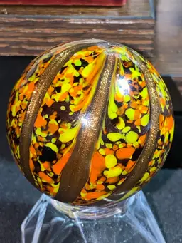 Unknown Maker 1.5" Gold, Orange Yellow Black And White  Speckled Lutz Marble Front And Back Photos