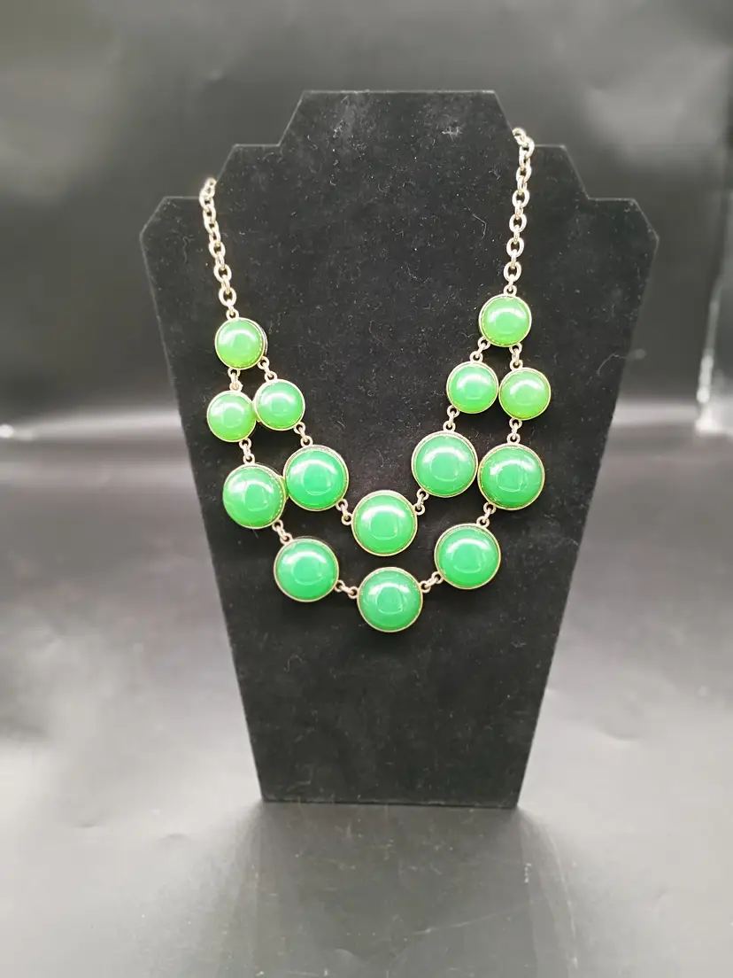 ANN TAYLOR STATEMENT TWO STRAND NECKLACE WITH JADE COLOR CABOCHONS CHUNKY