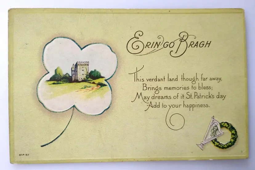 St Patrick's Day Postcard Erin Go Bragh Castle Harp Shamrock Greetings STP57
