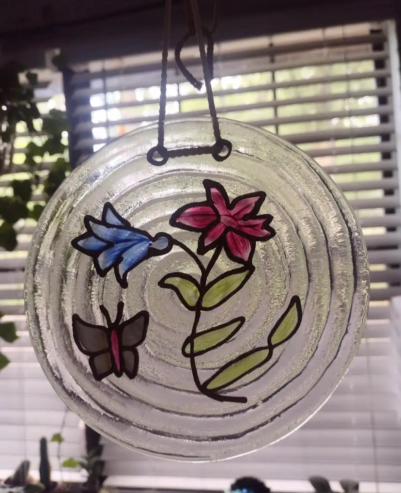 Swirl Textured Glass Handpainted Suncatcher Flower Butterfly Gold Trim Cottage