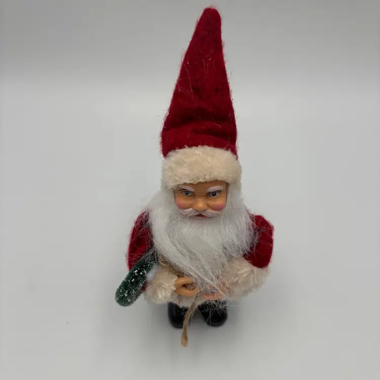 Santa Claus Figurine Felt Hat, Faux Fur Coat, Bottle Brush Wreath Vintage Style