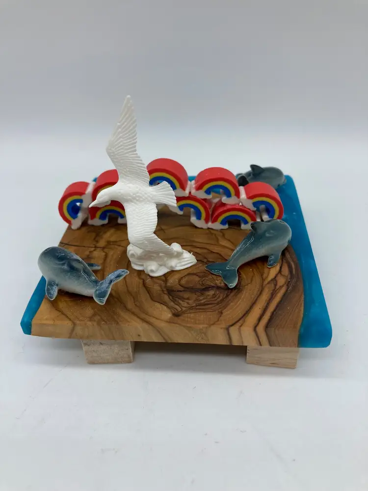 Rainbows and Dolphins Assemblage on Resin and Wood Base