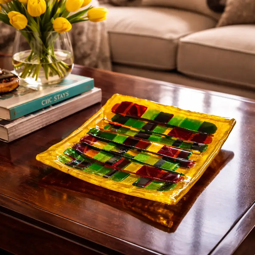 Handcrafted Square Fused Art GlassTray, Multi-Colored Woven Pattern, 8" x 6.75"