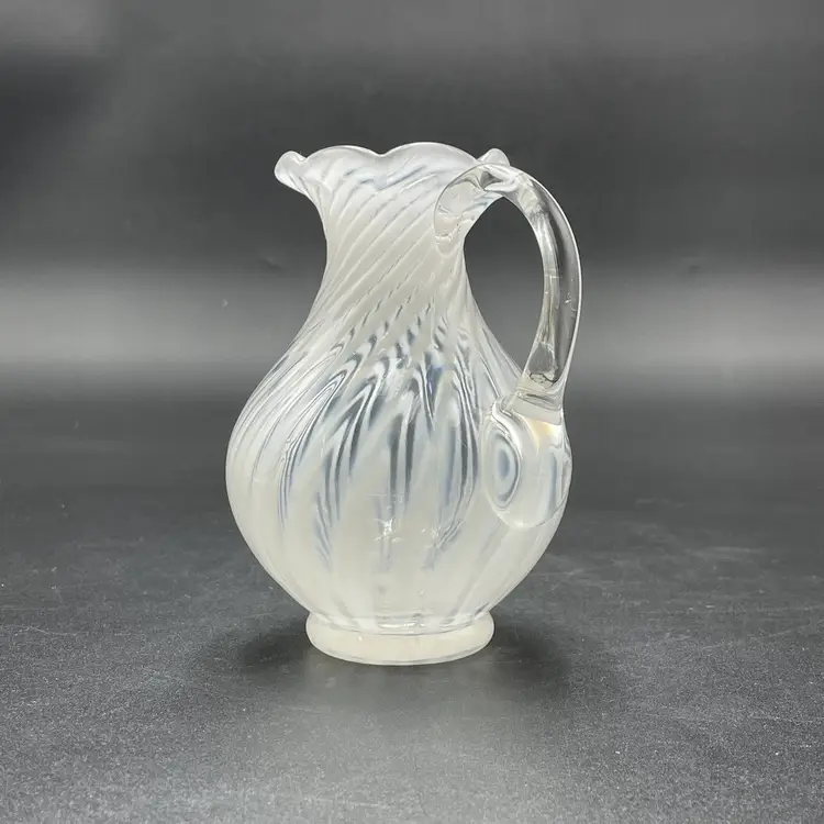 White Swirl Opalescent Glass Small Cruet Pitcher Ruffled Edge Vintage Kitchen