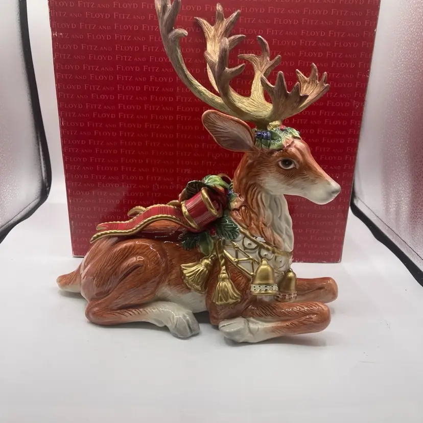 Retired Large Fitz and Floyd Christmas Reindeer Laying 12 x13” with Box 1999