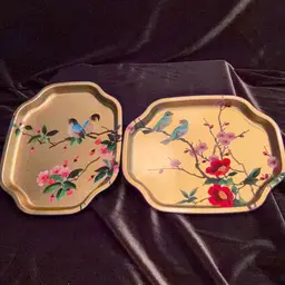 Vintage Elite Trays Bird Chinoiserie Snack Tray Set of 2 Gold Metal Made in England